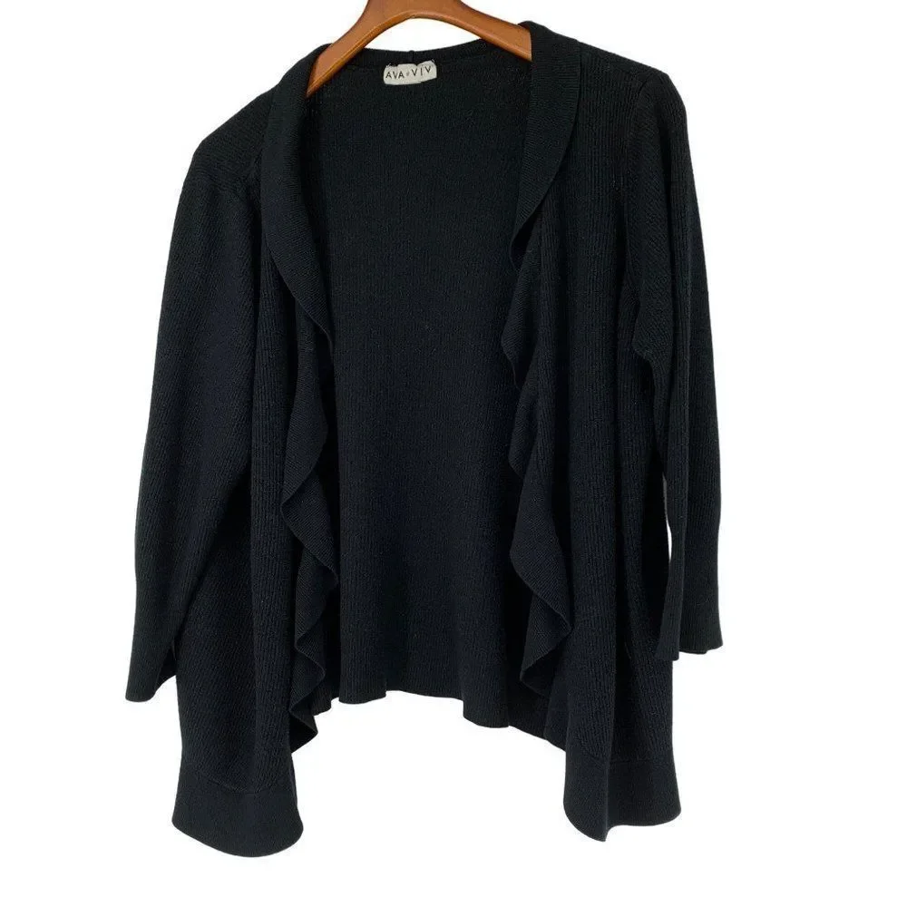 Ava & Viv Cardigan Ruffle Black 3X Women Sweater Open 3002 Viscose Knit 3/4 Sl